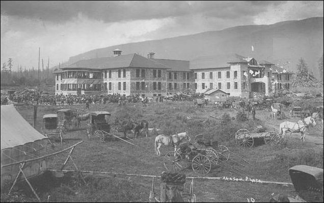 Black & white photo of asylum showing animals grazing in the foreground